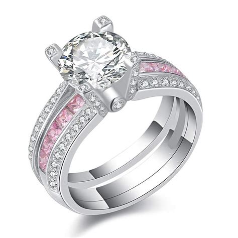 Newshe Jewellery Round Pink Cz 925 Sterling Silver Wedding Band