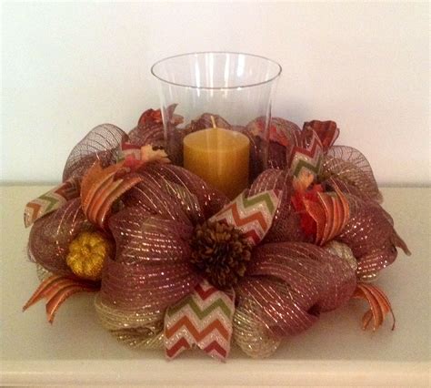 16 Burlapgold And Bronze Deco Mesh Fall Centerpiece With 9 Hurricane