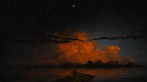 Digital Painting Landscape Couple Sky Clouds Nightscape Lake