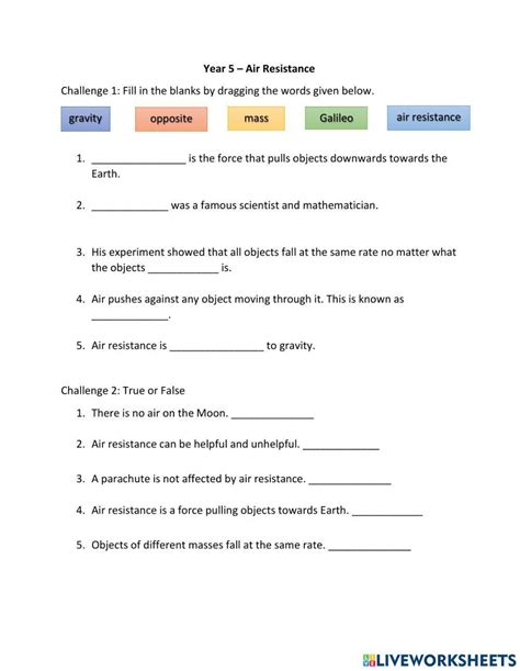 Air Resistance Activity Live Worksheets