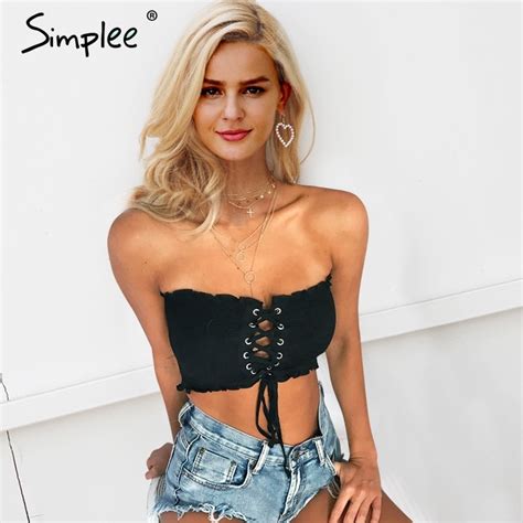 Buy Simplee Strapless Lace Up Sexy Top Tees Ruffle