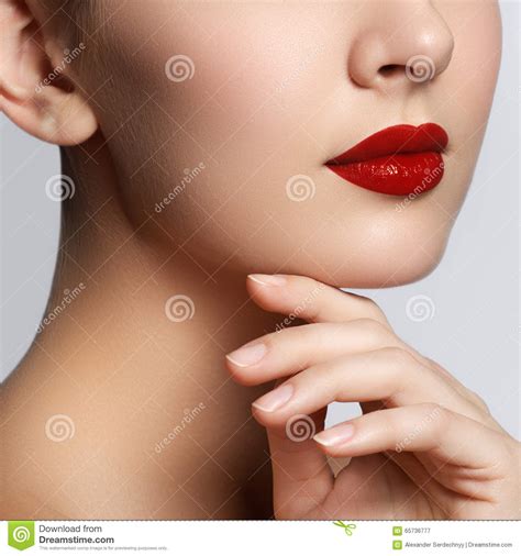 Beautiful Young Model With Red Lips And French Manicure Part Of Stock
