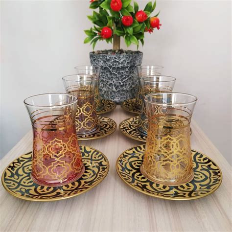 Hafsa Colorfull Turkish Tea Set With Black Saucers FairTurk Com