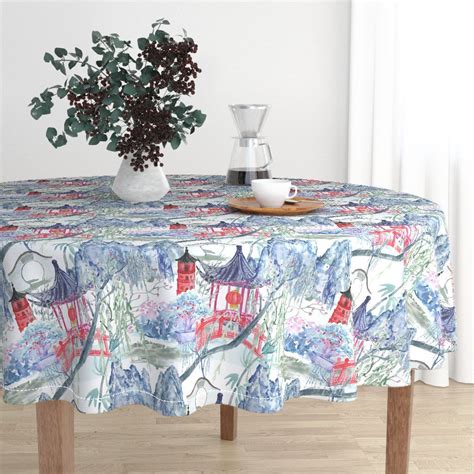 Chinoiserie Tranquility Round Tablecloth Spoonflower Blue Decor