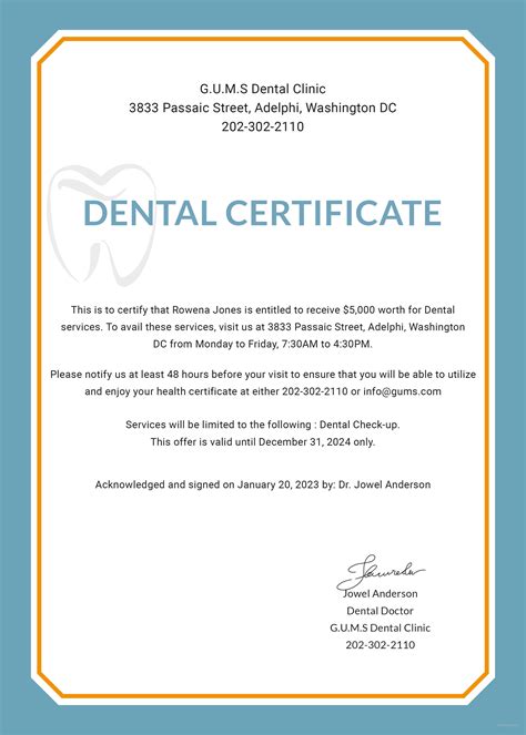 Dental Medical Certificate Sample Template in Google Docs, Word