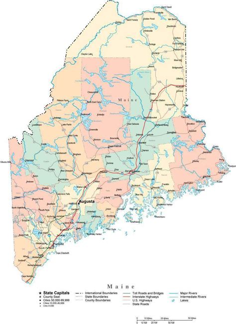 Maine Digital Vector Map With Counties Major Cities Roads Rivers And Lakes