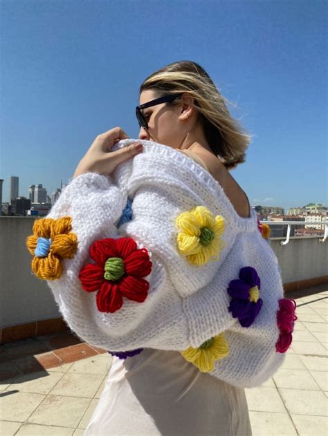 Flower Knitted Cardigan For Womendaisy Chunky Sweater Bloom Etsy In