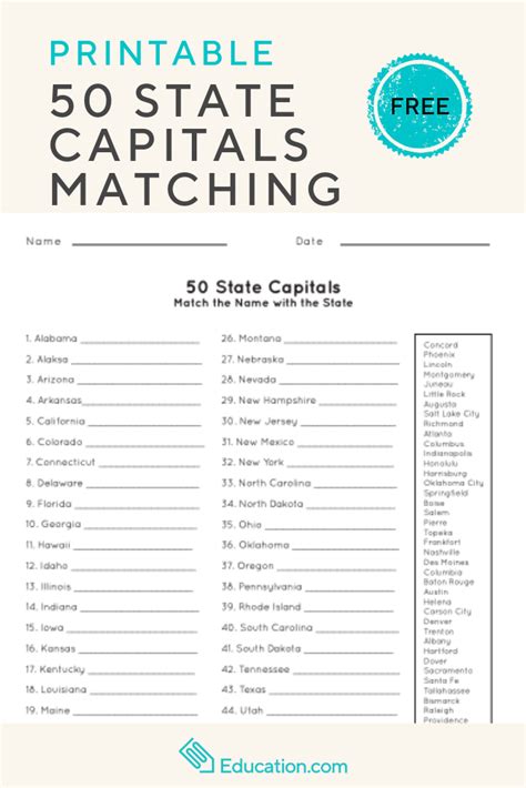 Free Printable State And Capital Quiz