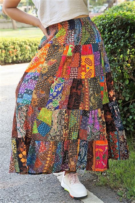 Long Patchwork Skirt For Women Cotton Tiered Flared Gypsy Etsy