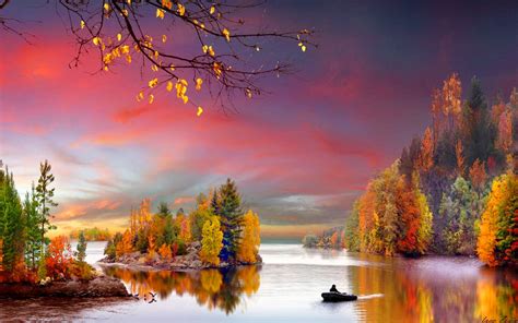 Download Boat Sunset Island Forest Tree Fall Nature Lake Wallpaper
