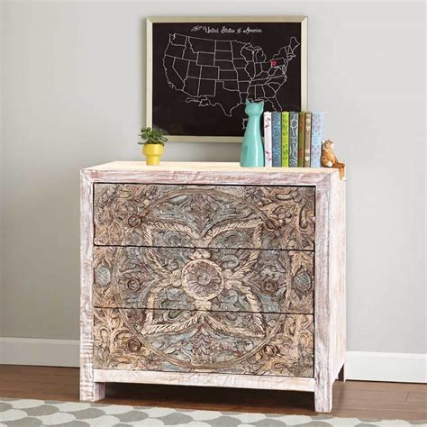 Hand drawn hand held tourist. Floral Mandala Mango Wood Hand Carved 3 Drawer Accent Dresser