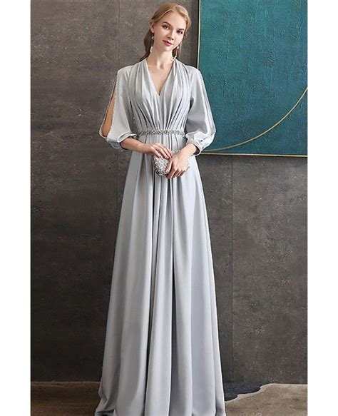 Elegant Long Grey Evening Formal Dress Vneck With Long Sleeves #DM69018 ...