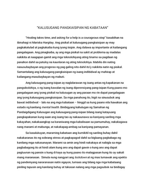 Solution Talumpati Tungkol Sa Kalusugang Pangkaisipan Ng Kabataan