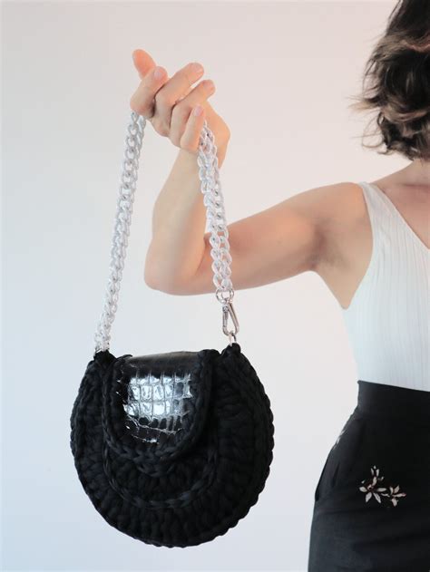 Luxury Black Crochet Bag Elegant Round Clutch Bag Crochet Etsy