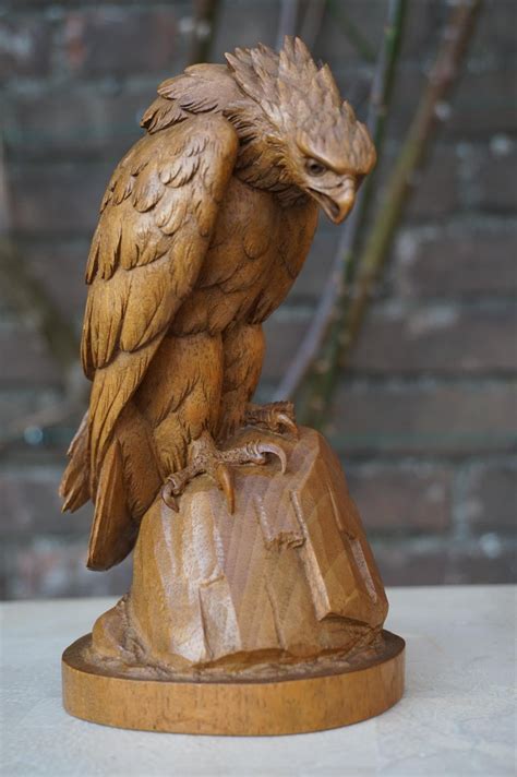 Hand Carved Nutwood Swiss Black Forest Eagle Sculpture Marked 