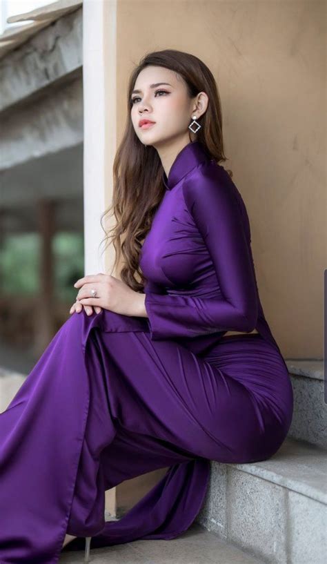 Purple Satin Ao Dai Áo Dài Phụ Nữ Phong Cách Thời Trang