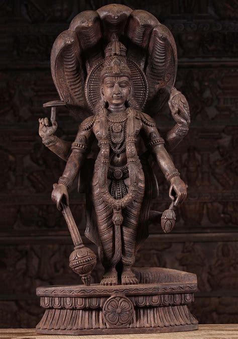Sold Wooden Vishnu Statue With Ananta Shesha 36 95w6m Hindu Gods And Buddha Statues