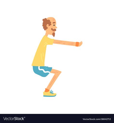 Athletic Old Man Showing Squat Exercise Side View Vector Image