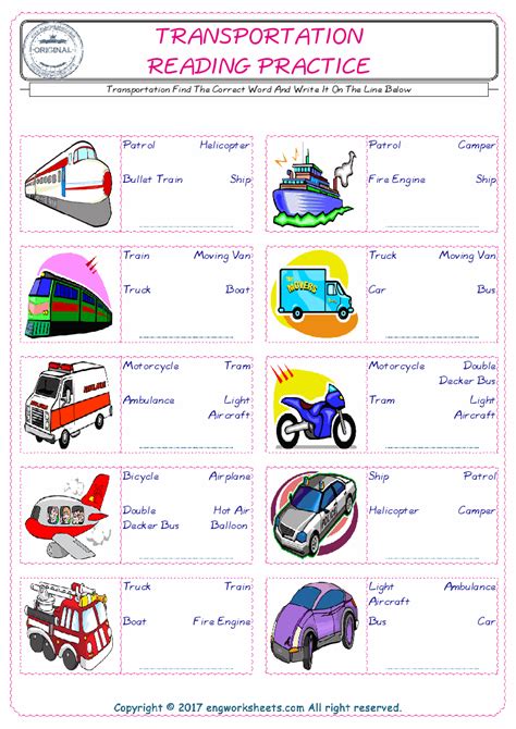 Transportation Esl Printable English Vocabulary Worksheets