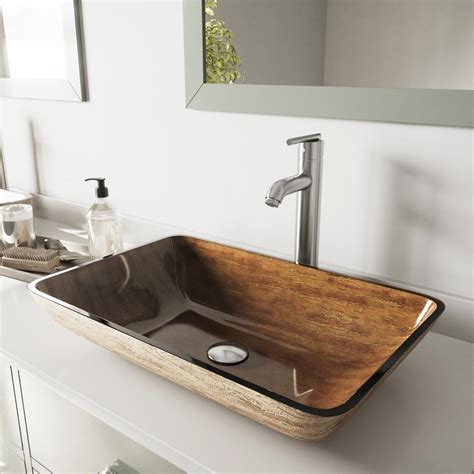 With a marbled black and grey pattern, the sink is made from sturdy and durable tempered glass. VIGO Rectangular Glass Vessel Sink in Amber Sunset with ...