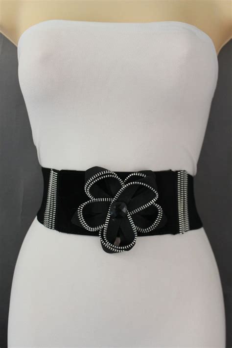 Women Fashion Belt Hip High Waist Black Stretch Silver Metal Zipper Flower S M Tumblr