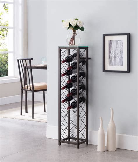 Windy 13 Bottle Floor Standing Wine Rack Tower Pewter Metal And Tempered Glass Top Transitional