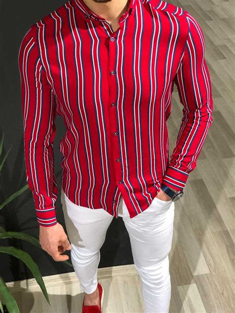 Buy Red Slim Fit Striped Shirt By With Free Shipping