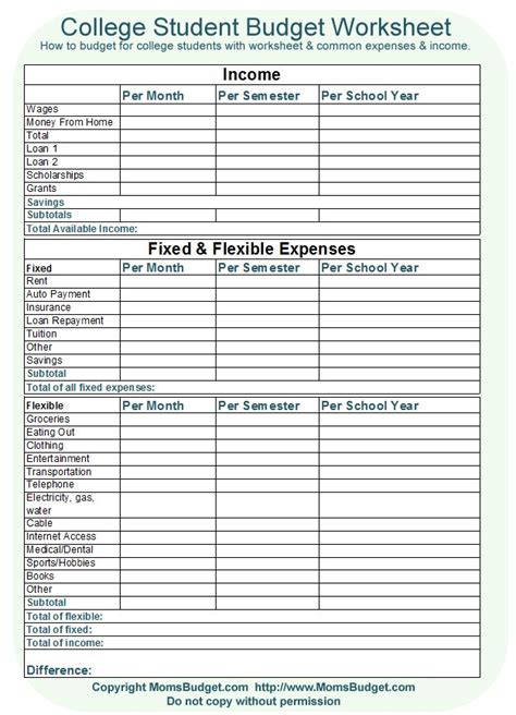 college student budget worksheet  printable