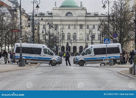 Two Police Buses of the Polish Police Force Blocking the Street Fot the