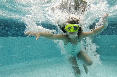 Girl Swimming Underwater Containing Bubbles Pool And Water Sports