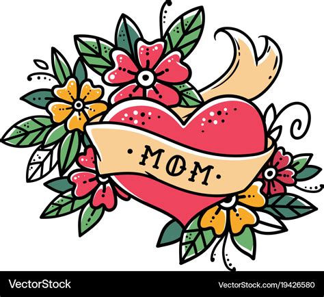Tattoo Heart With Ribbon Flowers And Word Mom Vector Image