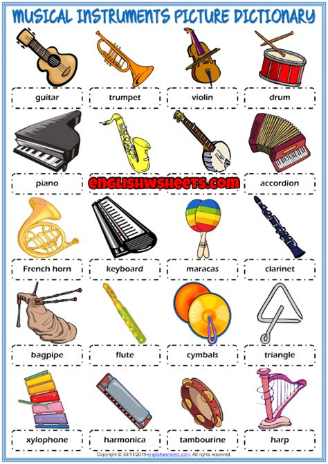 Musical Instruments Esl Picture Dictionary Worksheet For Kids
