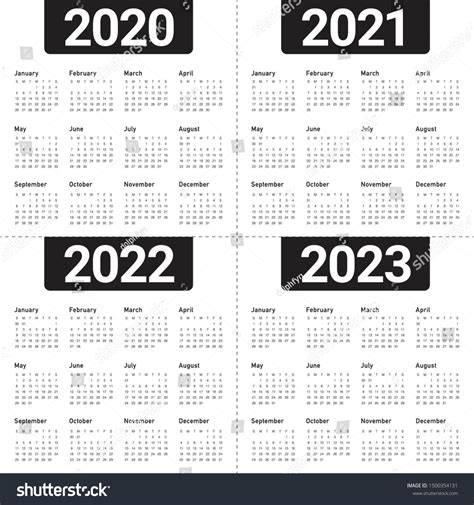 Calendar Set 2021 2022 2023 2024 Starting From Sunday Vector The