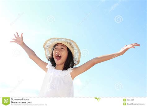 Girl Raises Her Hands Against Blue Sky Stock Image Image Of Beautiful School 26504991