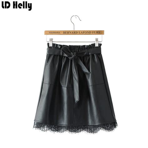 Ld Helly Women Faux Leather Pu Pleated Black Skirts Elastic Waist Lace