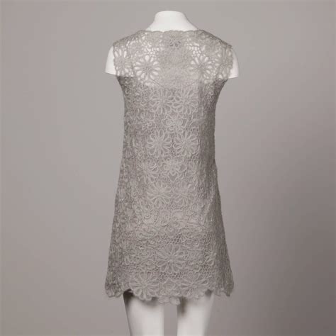 Moschino Vintage 1990s Gray Beaded Crochet Lace Shift Dress For Sale At