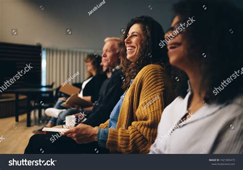 Audience Listening Speech Speaker Smiling Group Stock Photo 1921305473