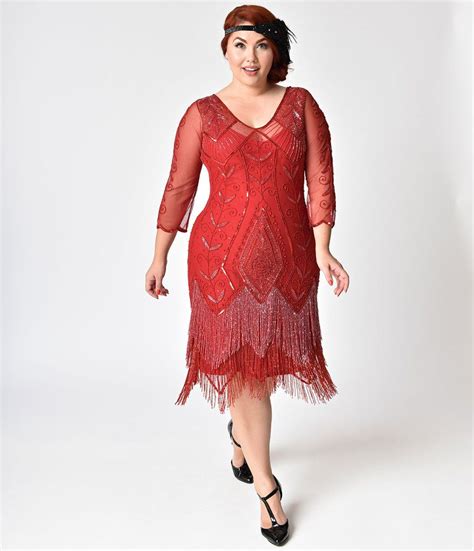 plus size 1920s style red sleeved beaded scarlet fringe flapper dress plus size flapper dress