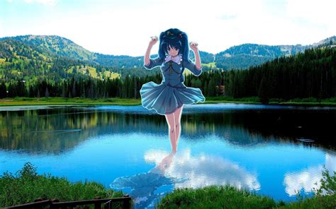 Wallpaper Anime Girl Model Lake Landscape Mountain Nature