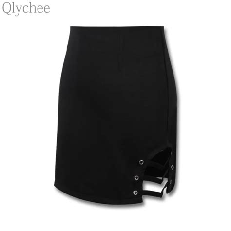 Qlychee Hollow Out Lace Up Skirt Black Zipper Pencil Mini Bottoms Women Summer Sexy Bodycon