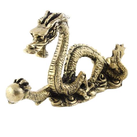 Handmade Golden Brass Chinese Dragon Holding Ball Statue
