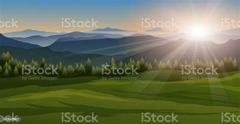 Beautiful Sunrise Landscape In Mountain With Sunbeam Mountains And