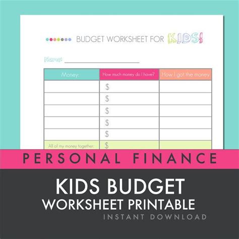 Kids Budget Worksheet Printable Pdf Personal By Freshpaperieetsy 199