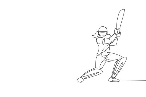 One Continuous Line Drawing Of Young Happy Woman Cricket Player Focus