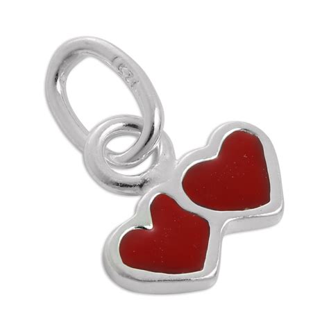 Tiny 925 Sterling Silver And Red Enamel Double Heart Charm Love