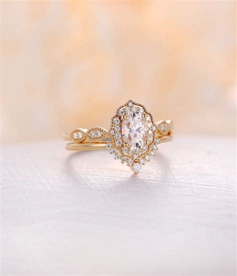 Oval Moissanite Engagement Ring Set Rose Gold Vintage Etsy