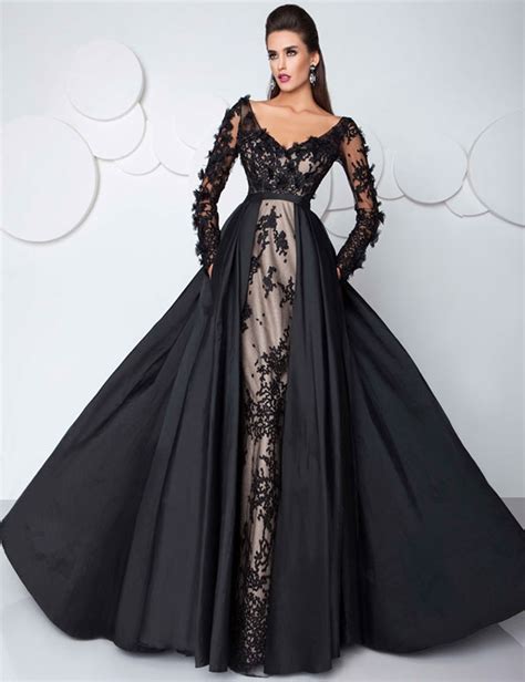 Arabic Sexy Black Evening Dresses With Pocket Illusion Lace Long