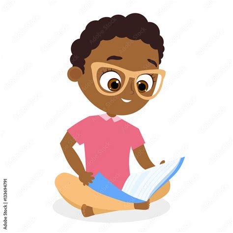 African American Boy With Glasses Young Boy Reading A Book Sitting On