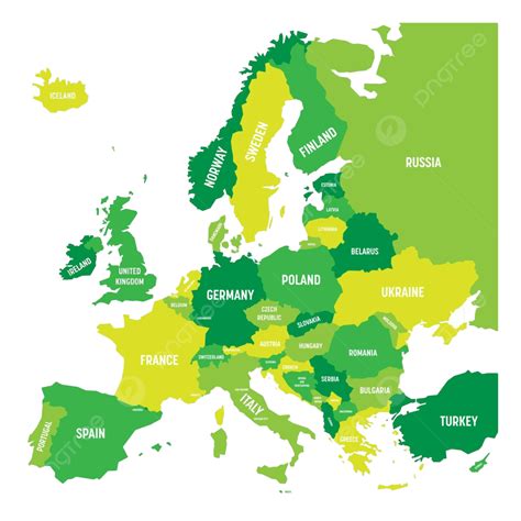 Europe Political Map With Green Shades Country Names And Isolated