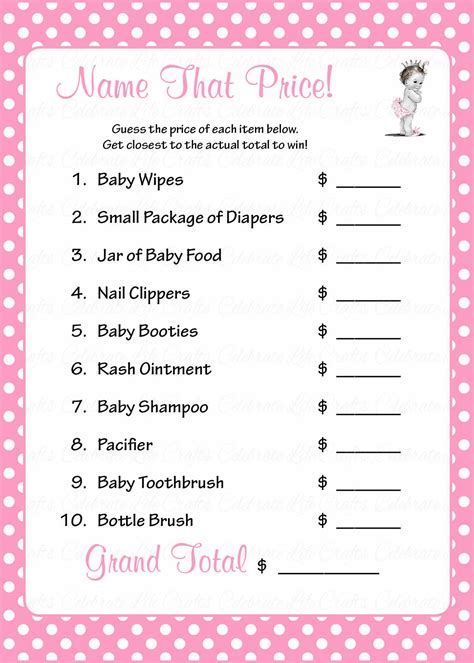 Name That Price Baby Shower Game Princess Baby Shower Theme For Baby